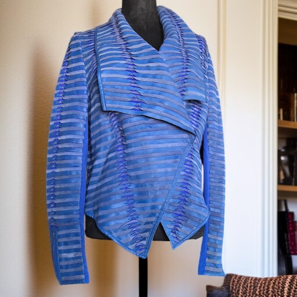 EMPHATIC FRED SEGAL (MED) Two Tone Royal Blue Ribbon Leather Double Breasted Jkt